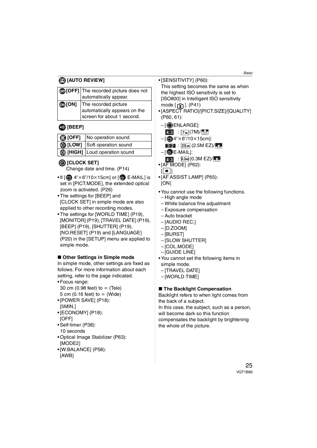 Panasonic DMCFX30K, DMC-FX30 operating instructions Auto Review OFF, Other Settings in Simple mode 