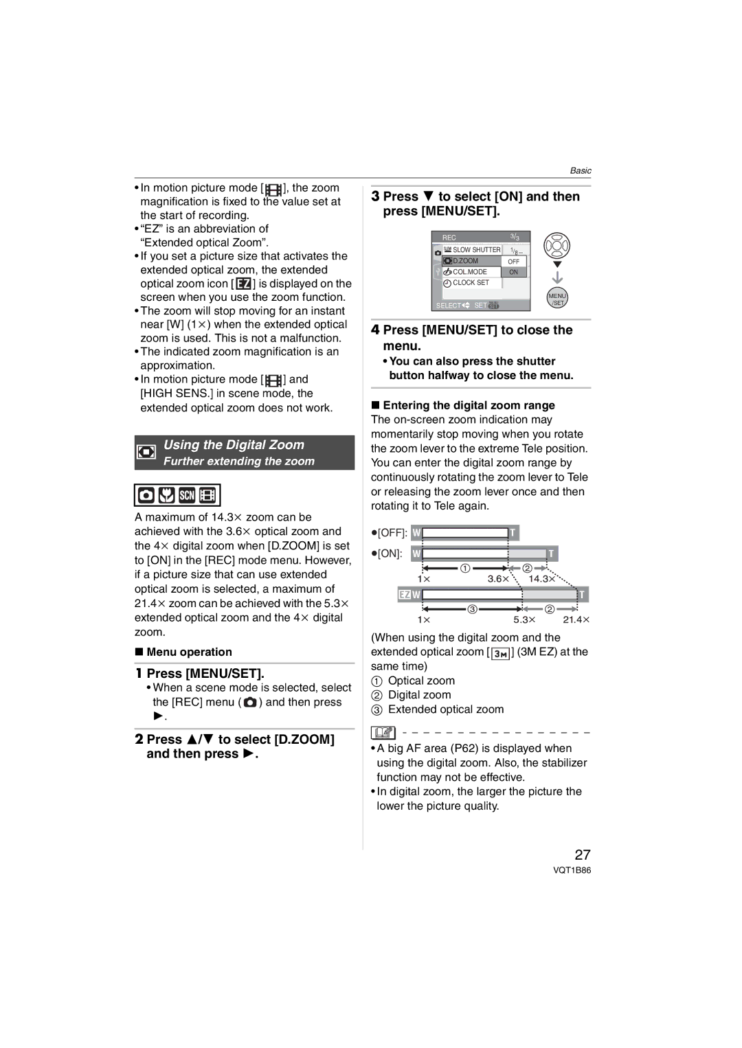 Panasonic DMCFX30K, DMC-FX30 operating instructions Further extending the zoom, Menu operation 