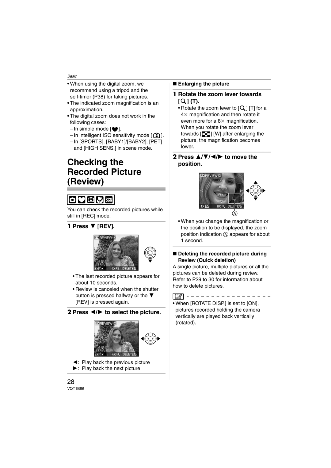 Panasonic DMC-FX30, DMCFX30K Checking the Recorded Picture Review, Press 4 REV, Press 2/1 to select the picture 