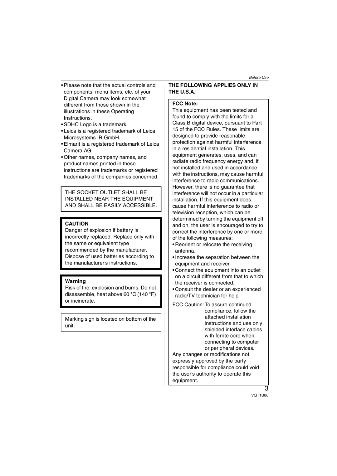 Panasonic DMCFX30K, DMC-FX30 operating instructions Following Applies only in the U.S.A, FCC Note 