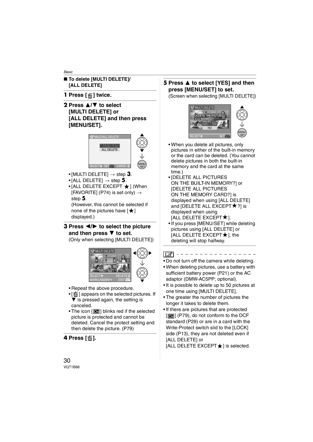 Panasonic DMC-FX30, DMCFX30K Press 2/1 to select the picture and then press 4 to set, To delete Multi Delete, ALL Delete 