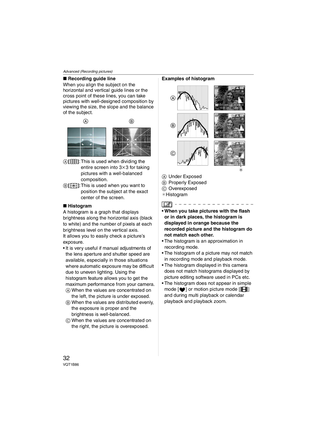 Panasonic DMC-FX30, DMCFX30K operating instructions Recording guide line, Histogram, Examples of histogram 