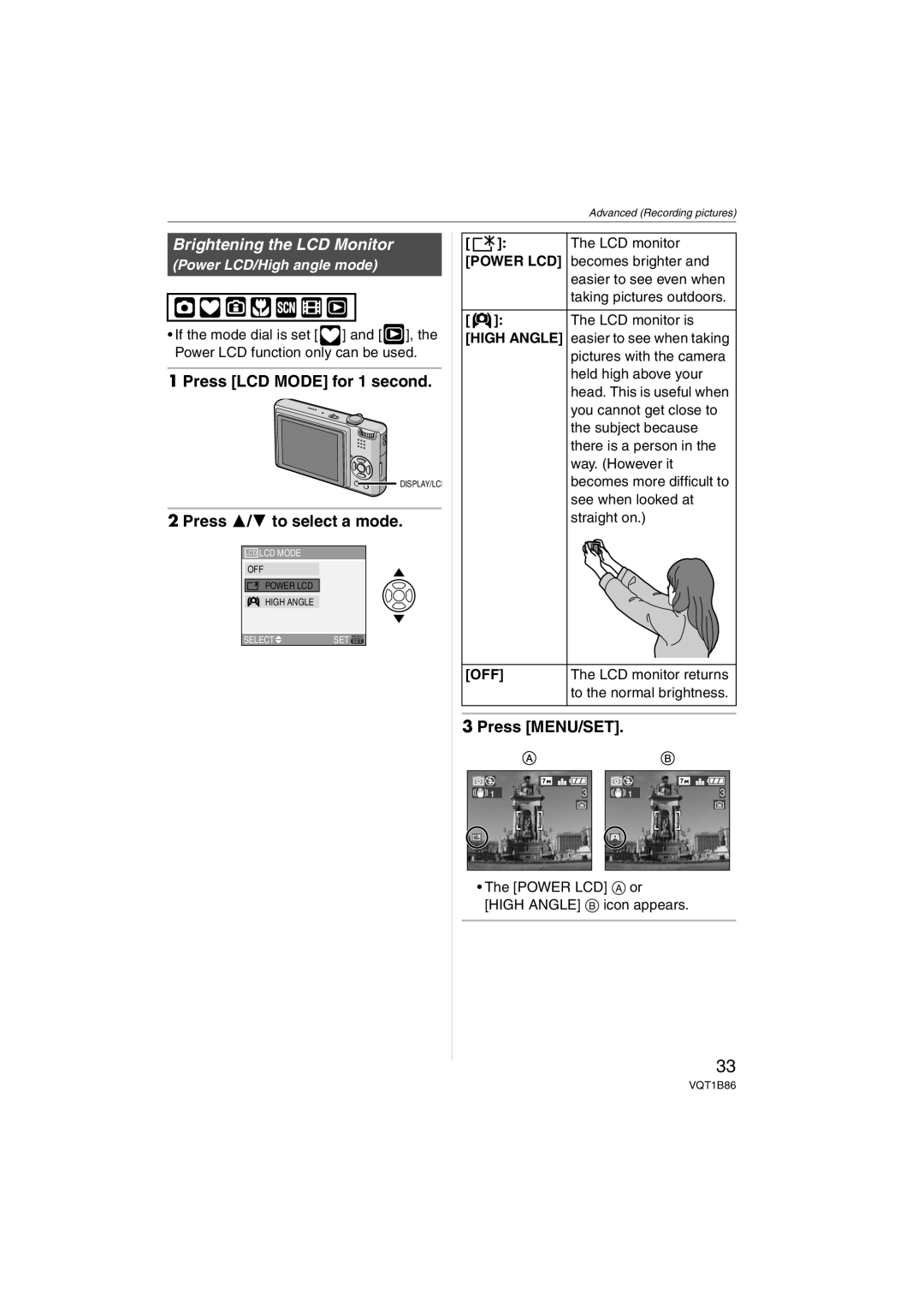 Panasonic DMCFX30K, DMC-FX30 Press LCD Mode for 1 second, Press 3/4 to select a mode, Power LCD/High angle mode 