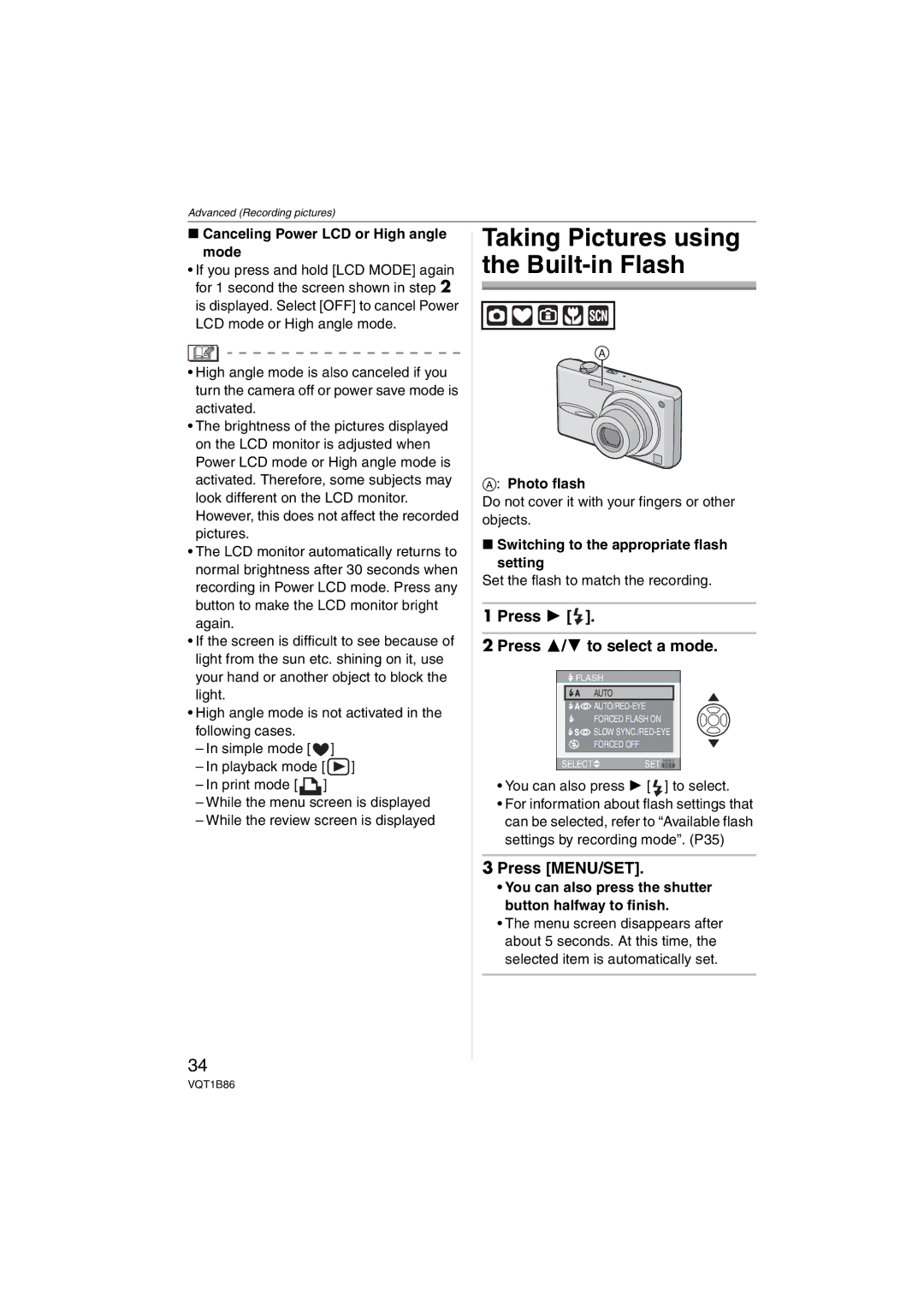 Panasonic DMC-FX30, DMCFX30K Press Press 3/4 to select a mode, Canceling Power LCD or High angle Mode, Photo flash 