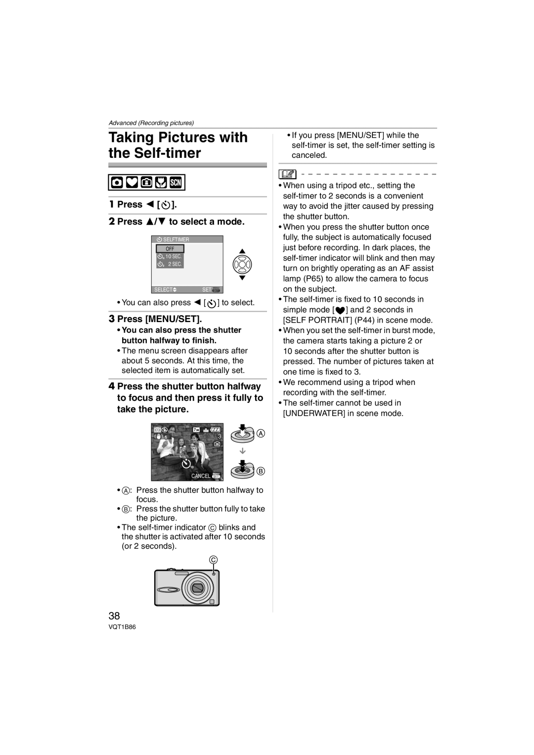 Panasonic DMC-FX30, DMCFX30K operating instructions Taking Pictures with the Self-timer, You can also press 2 to select 