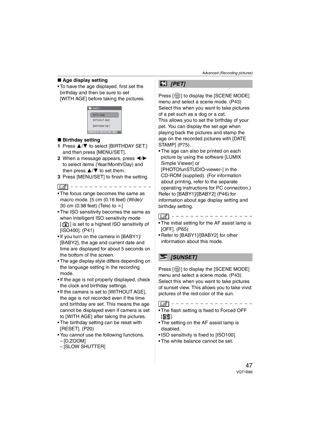 Panasonic DMCFX30K, DMC-FX30 operating instructions Age display setting, Birthday setting 