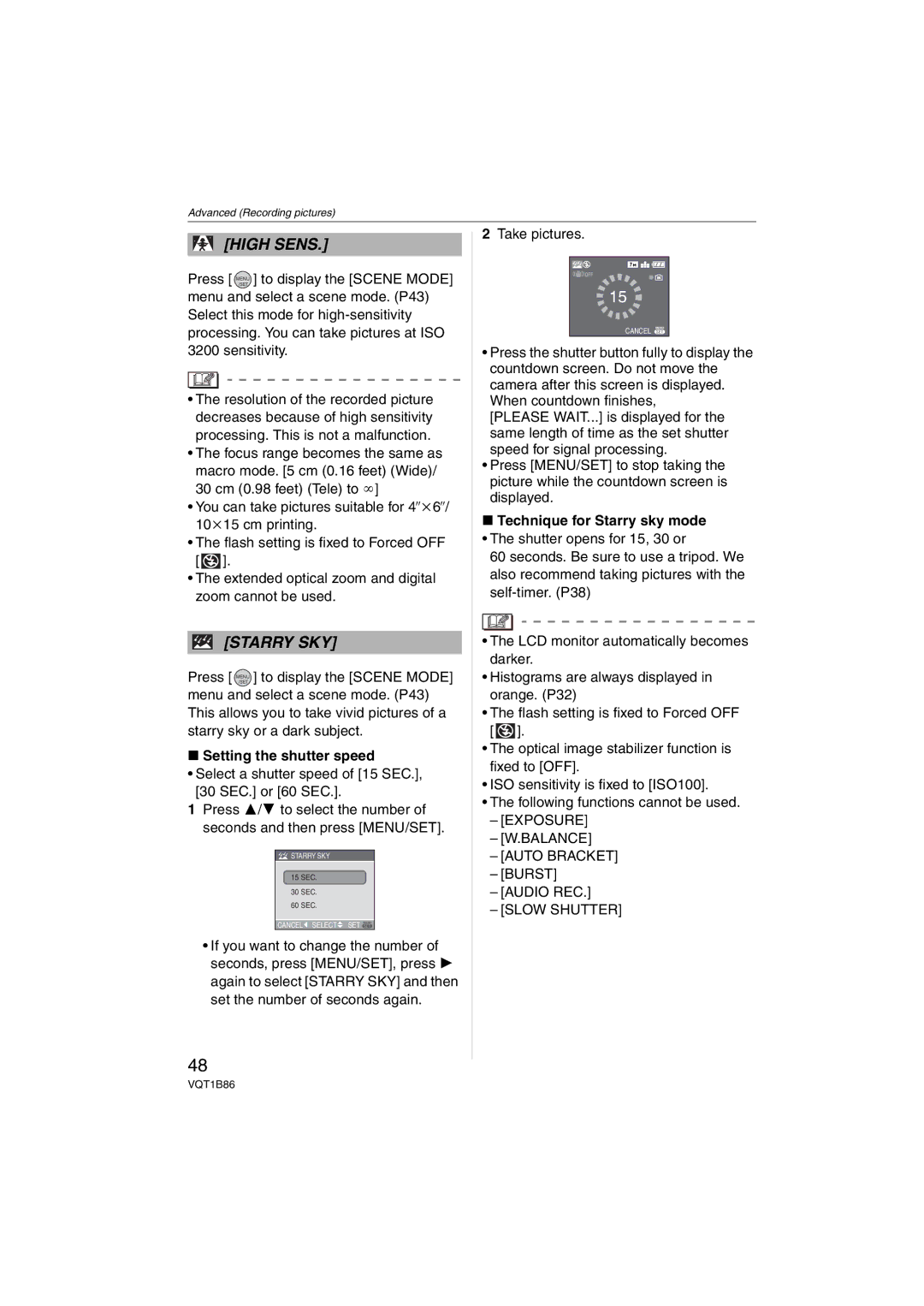 Panasonic DMC-FX30, DMCFX30K operating instructions Setting the shutter speed, Take pictures, Technique for Starry sky mode 