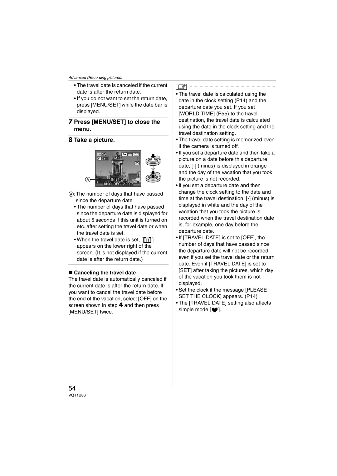 Panasonic DMC-FX30, DMCFX30K Press MENU/SET to close the menu Take a picture, Canceling the travel date 