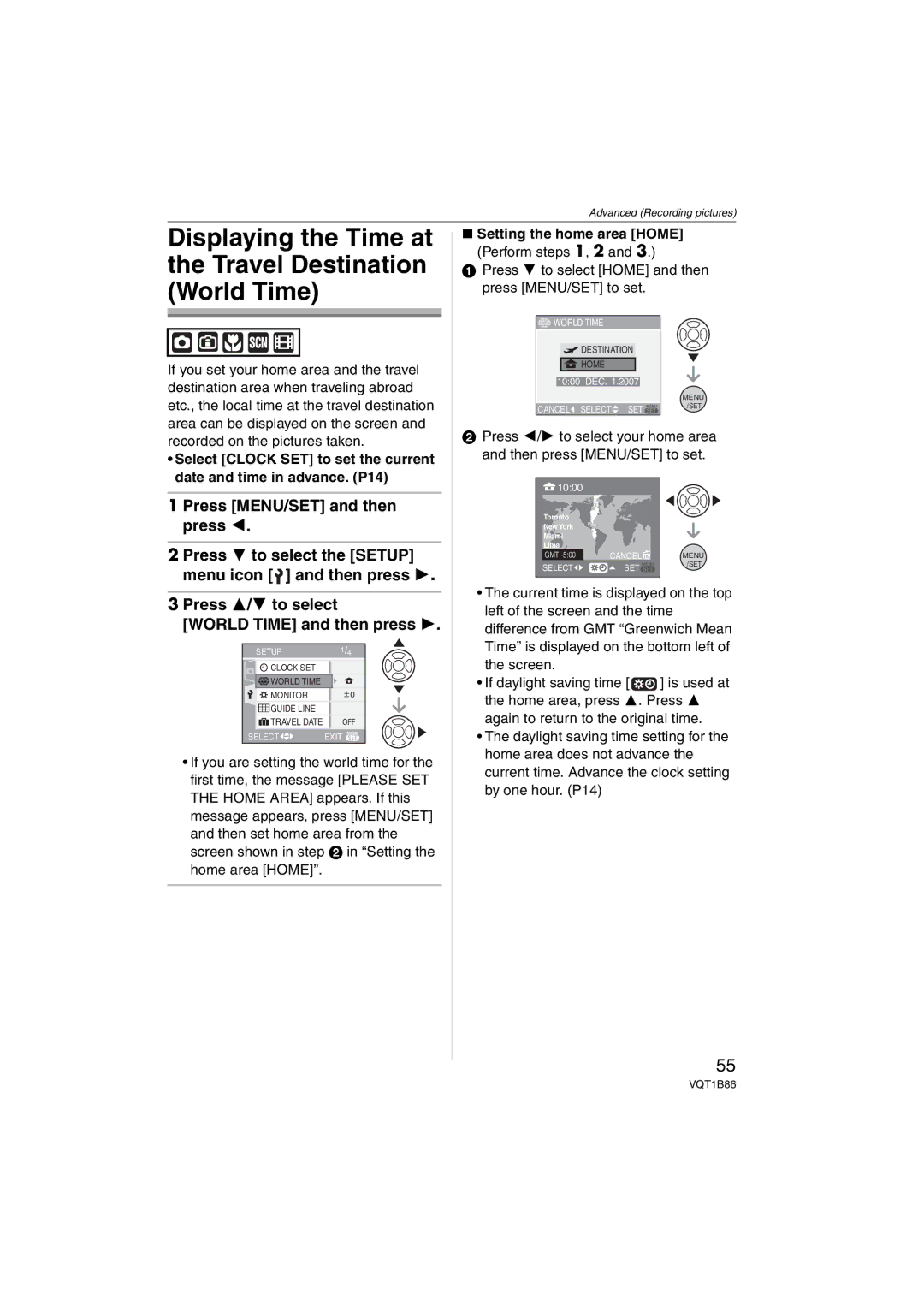 Panasonic DMCFX30K, DMC-FX30 Displaying the Time at Travel Destination World Time, Setting the home area Home 