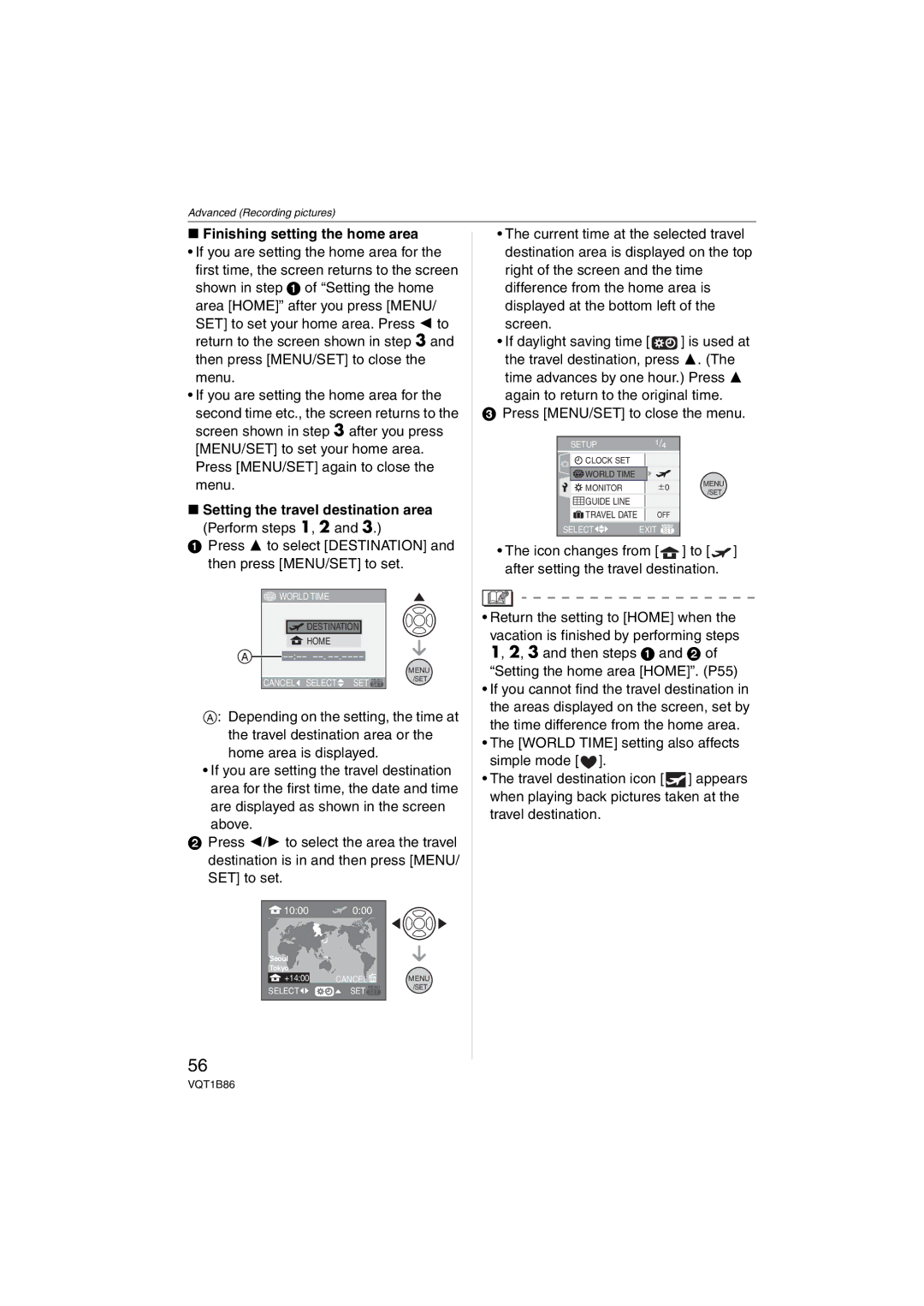 Panasonic DMC-FX30 Finishing setting the home area, Setting the travel destination area, Setting the home area HOME. P55 