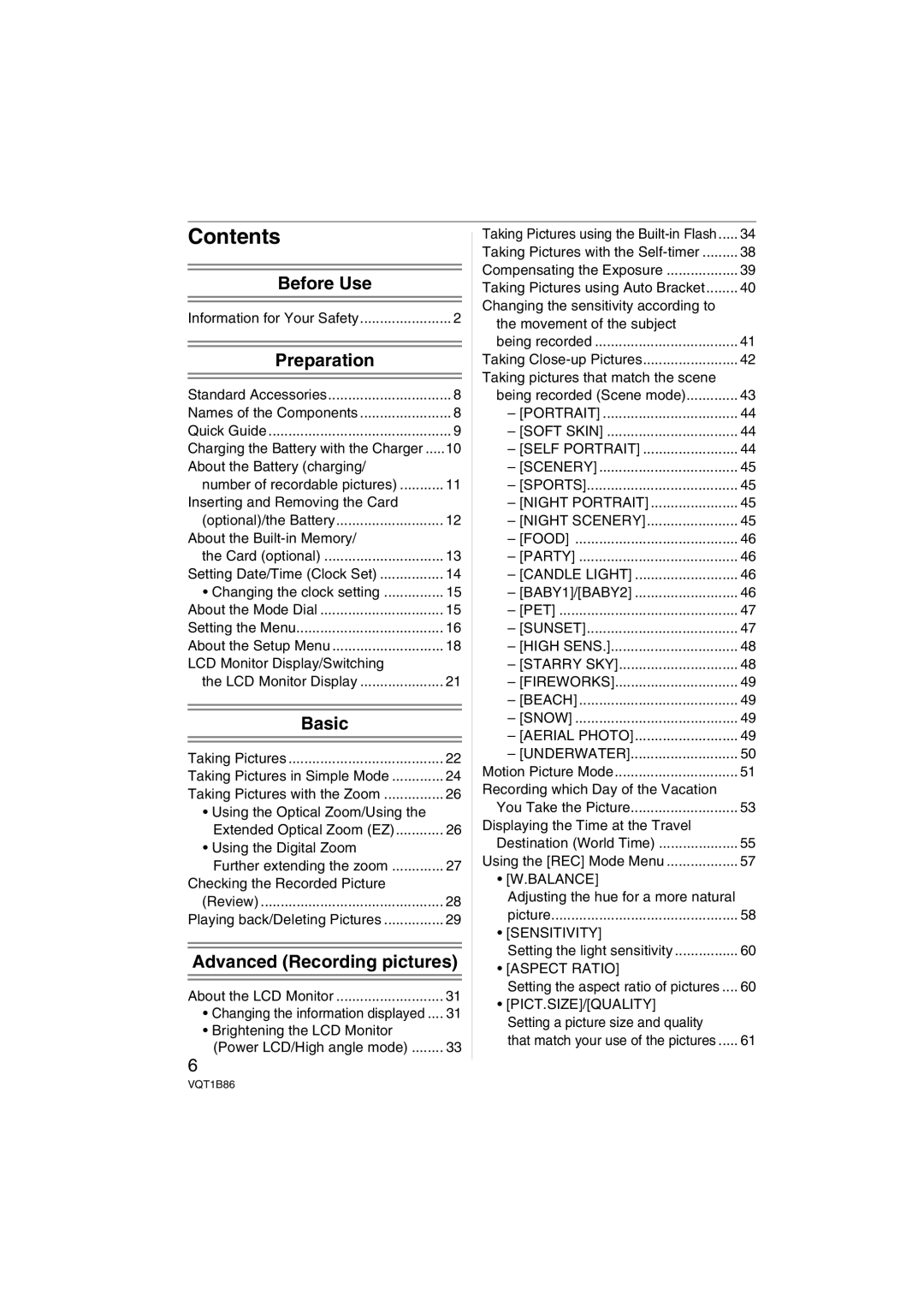 Panasonic DMC-FX30, DMCFX30K operating instructions Contents 