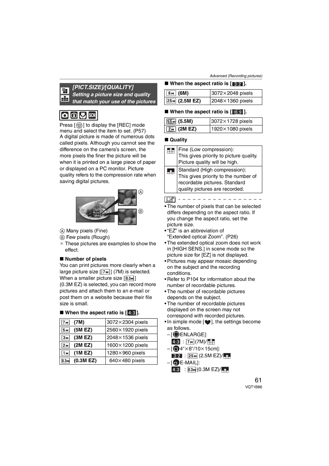 Panasonic DMCFX30K, DMC-FX30 operating instructions Pict.Size/Quality 