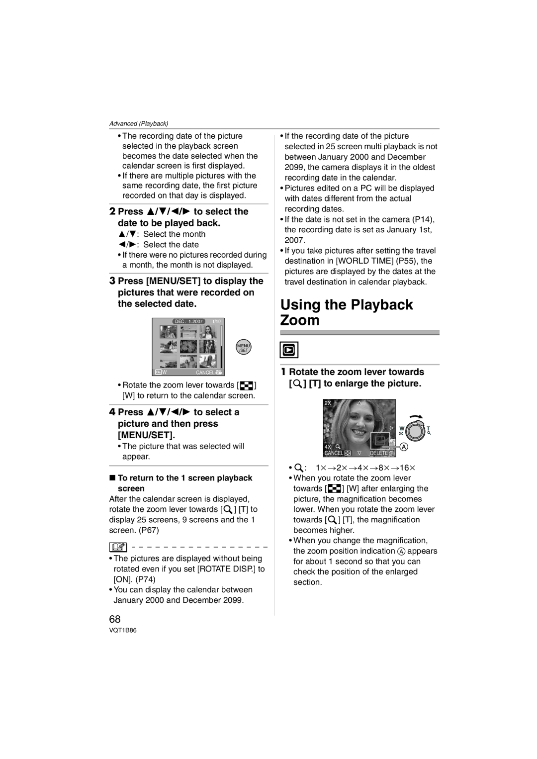 Panasonic DMC-FX30, DMCFX30K Using the Playback Zoom, Press 3/4/2/1 to select the date to be played back 