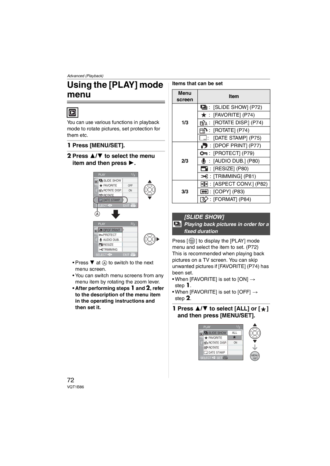 Panasonic DMC-FX30, DMCFX30K Using the Play mode menu, Slide Show, Press 3/4 to select ALL or and then press MENU/SET 