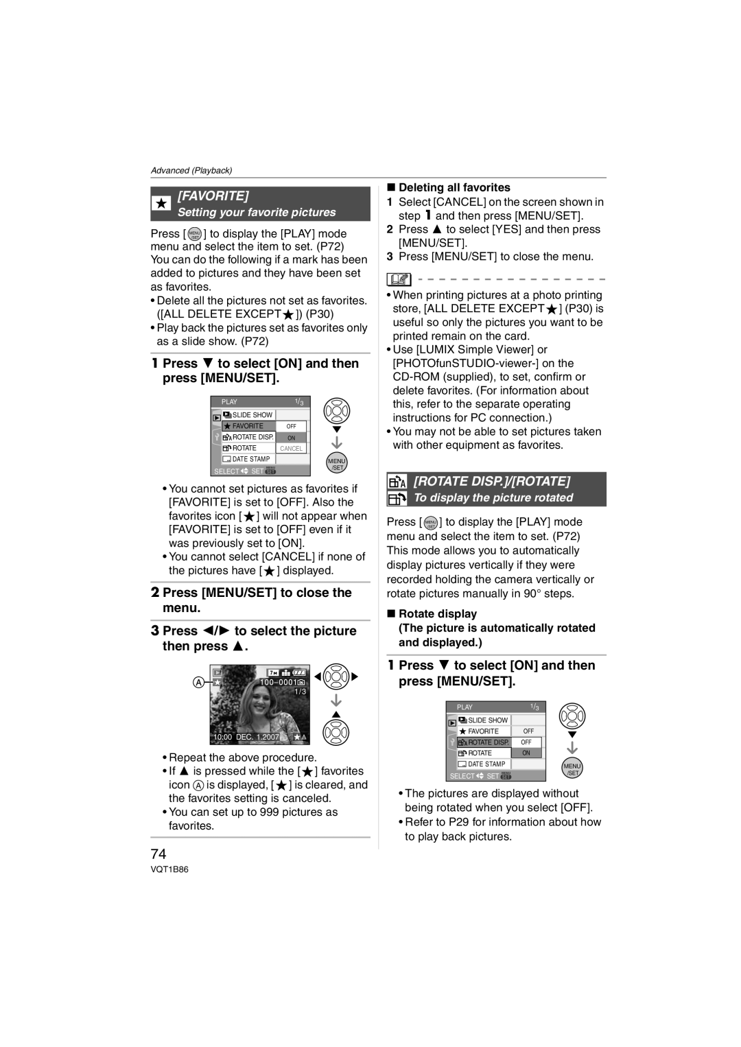 Panasonic DMC-FX30, DMCFX30K Favorite, Rotate DISP./ROTATE, Setting your favorite pictures, Deleting all favorites 