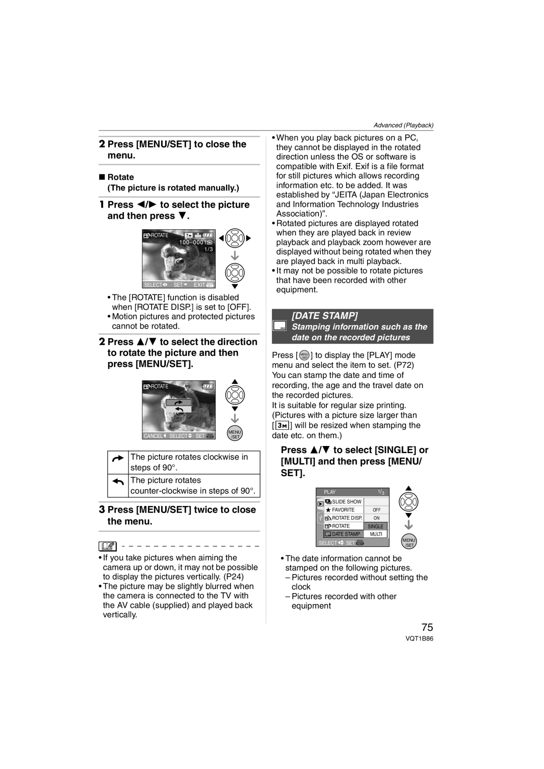 Panasonic DMCFX30K Press 2/1 to select the picture and then press, Press MENU/SET twice to close the menu, Date Stamp 