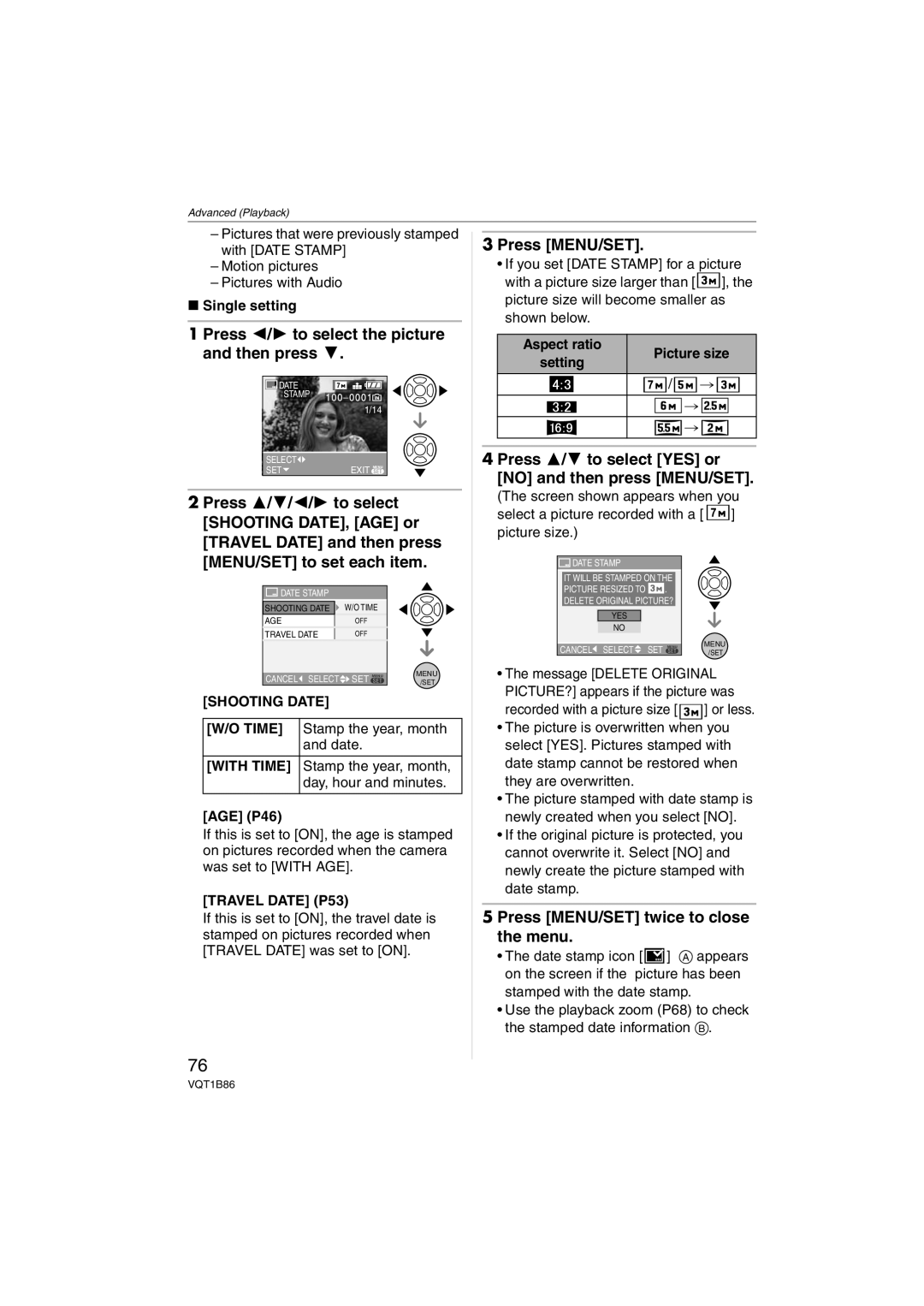 Panasonic DMC-FX30, DMCFX30K Press 2/1 to select the picture Press MENU/SET, Then press, Shooting Date Time, With Time 