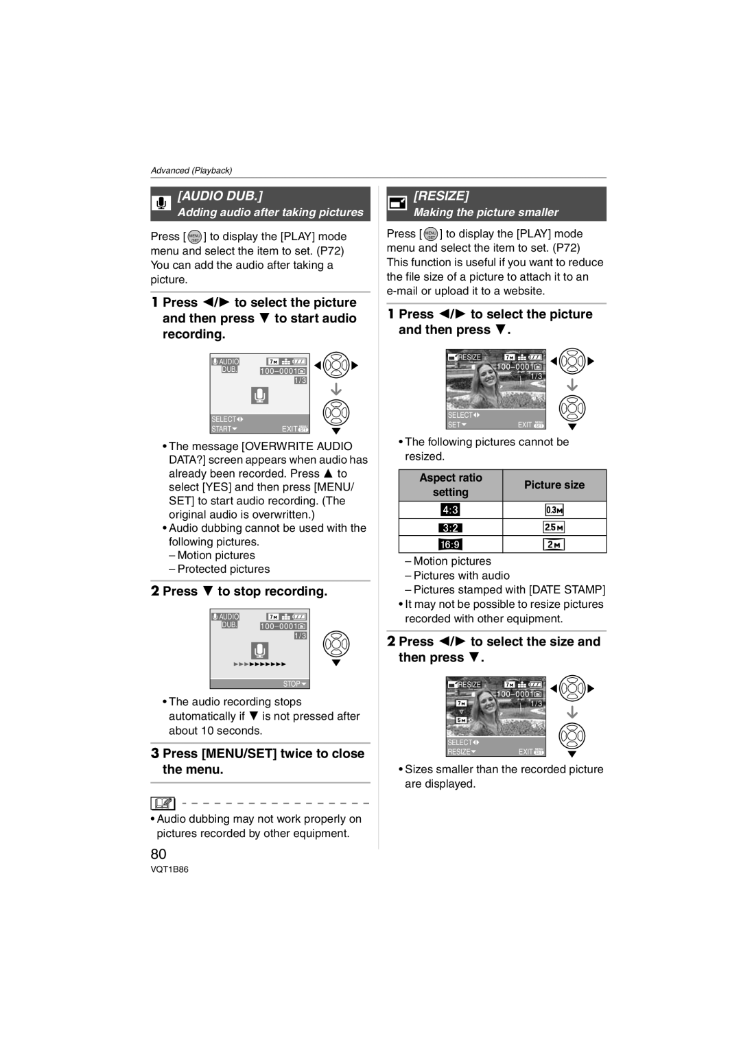 Panasonic DMC-FX30, DMCFX30K Audio DUB, Resize, Press 4 to stop recording, Press 2/1 to select the size and then press 