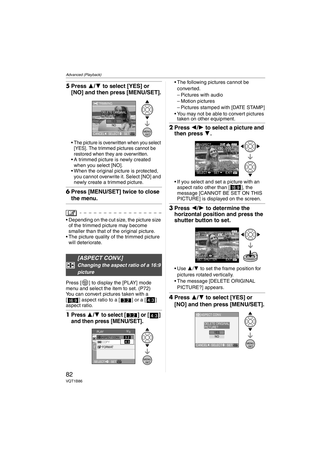 Panasonic DMC-FX30 Aspect Conv, Press 3/4 to select or and then press MENU/SET, Changing the aspect ratio of a 169 picture 