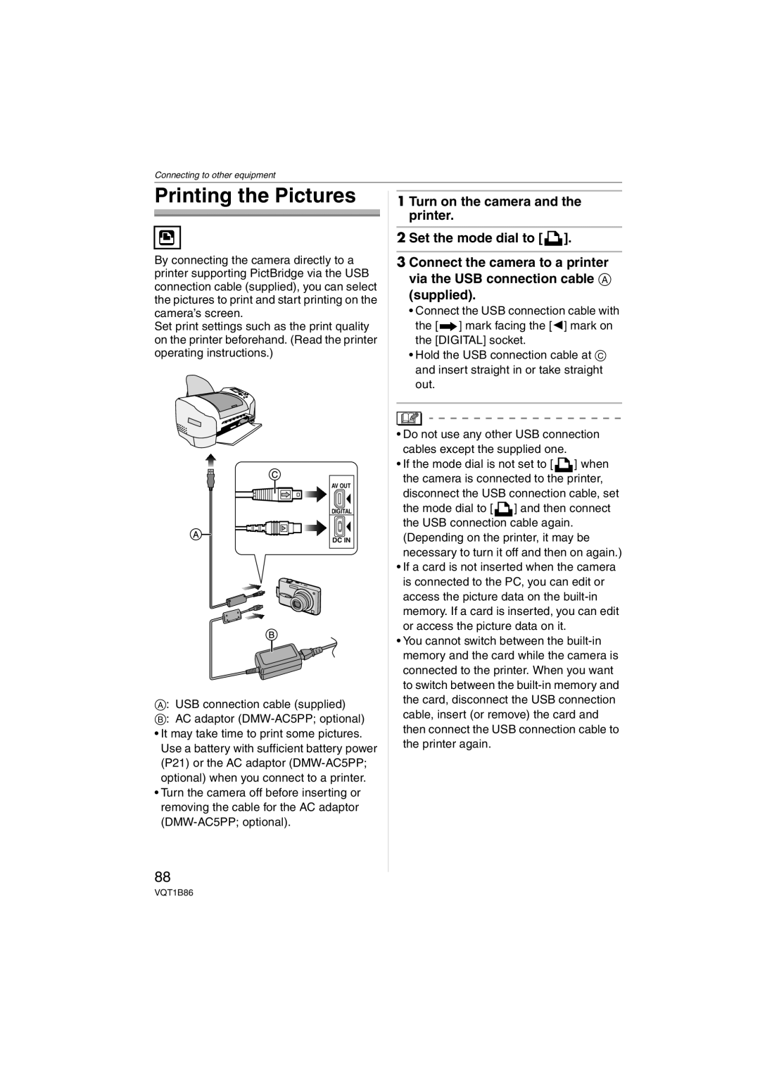 Panasonic DMC-FX30, DMCFX30K Printing the Pictures, USB connection cable supplied AC adaptor DMW-AC5PP optional 