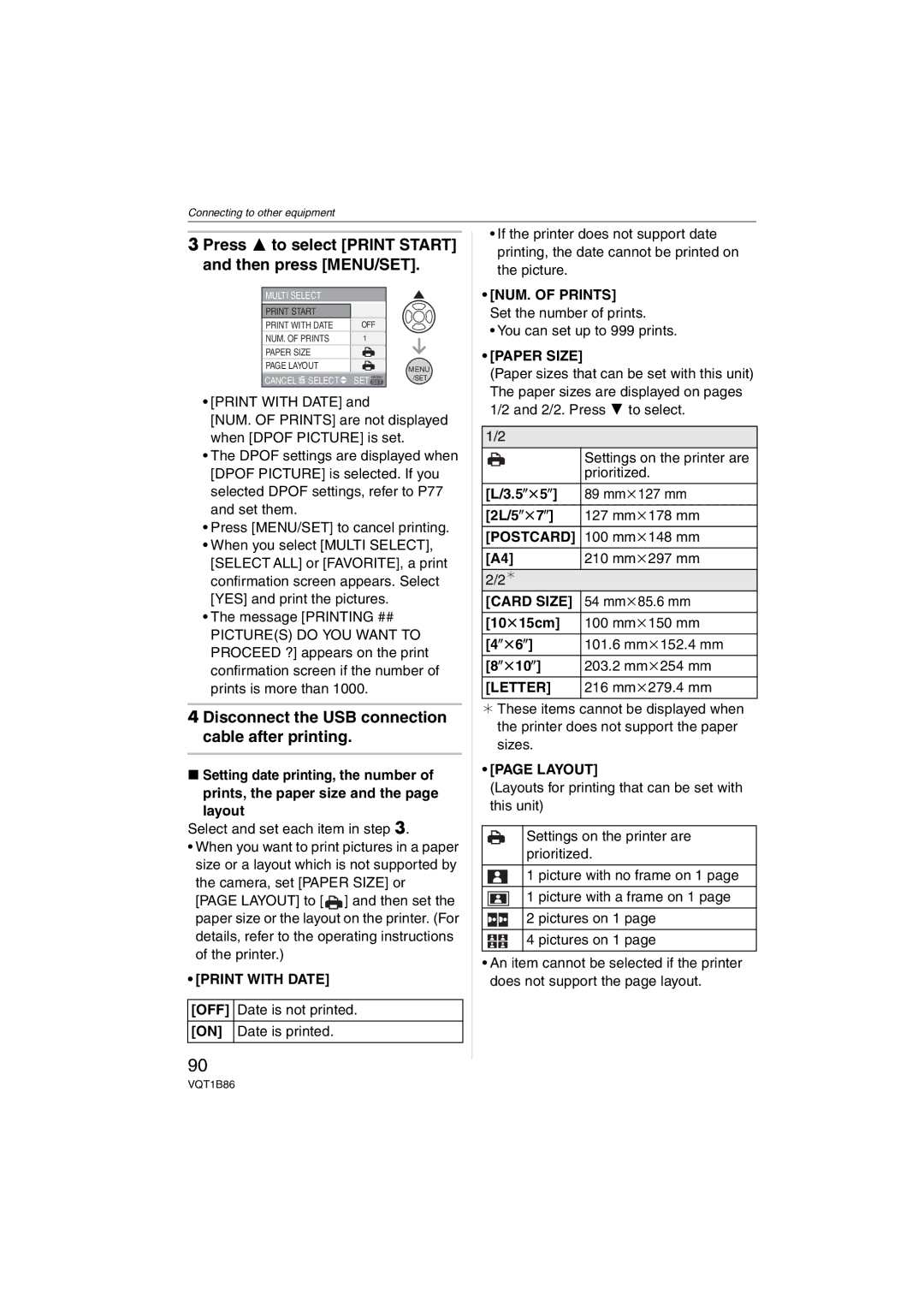 Panasonic DMC-FX30, DMCFX30K Print with Date OFF, NUM. of Prints, Paper Size, Postcard, Card Size, Letter, Layout 