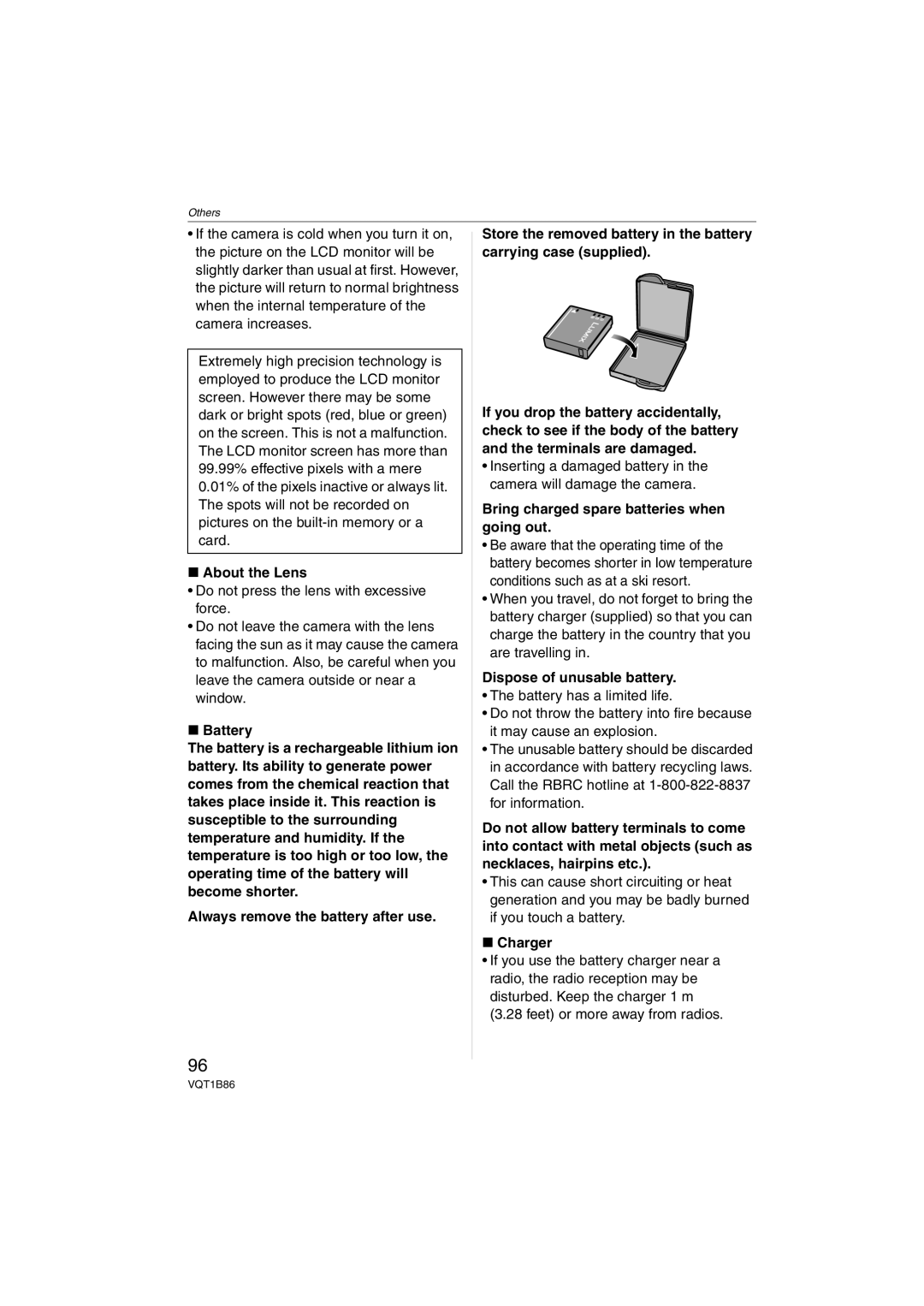 Panasonic DMC-FX30 About the Lens, Bring charged spare batteries when going out, Dispose of unusable battery, Charger 