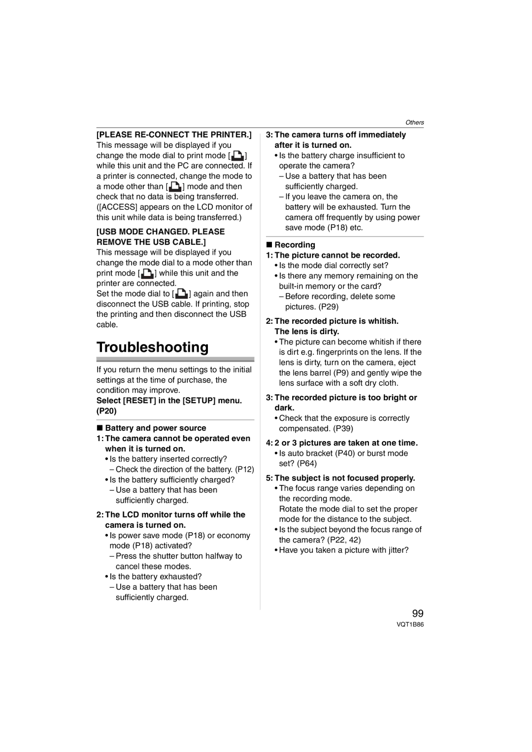 Panasonic DMCFX30K, DMC-FX30 Troubleshooting, Please RE-CONNECT the Printer, USB Mode CHANGED. Please Remove the USB Cable 