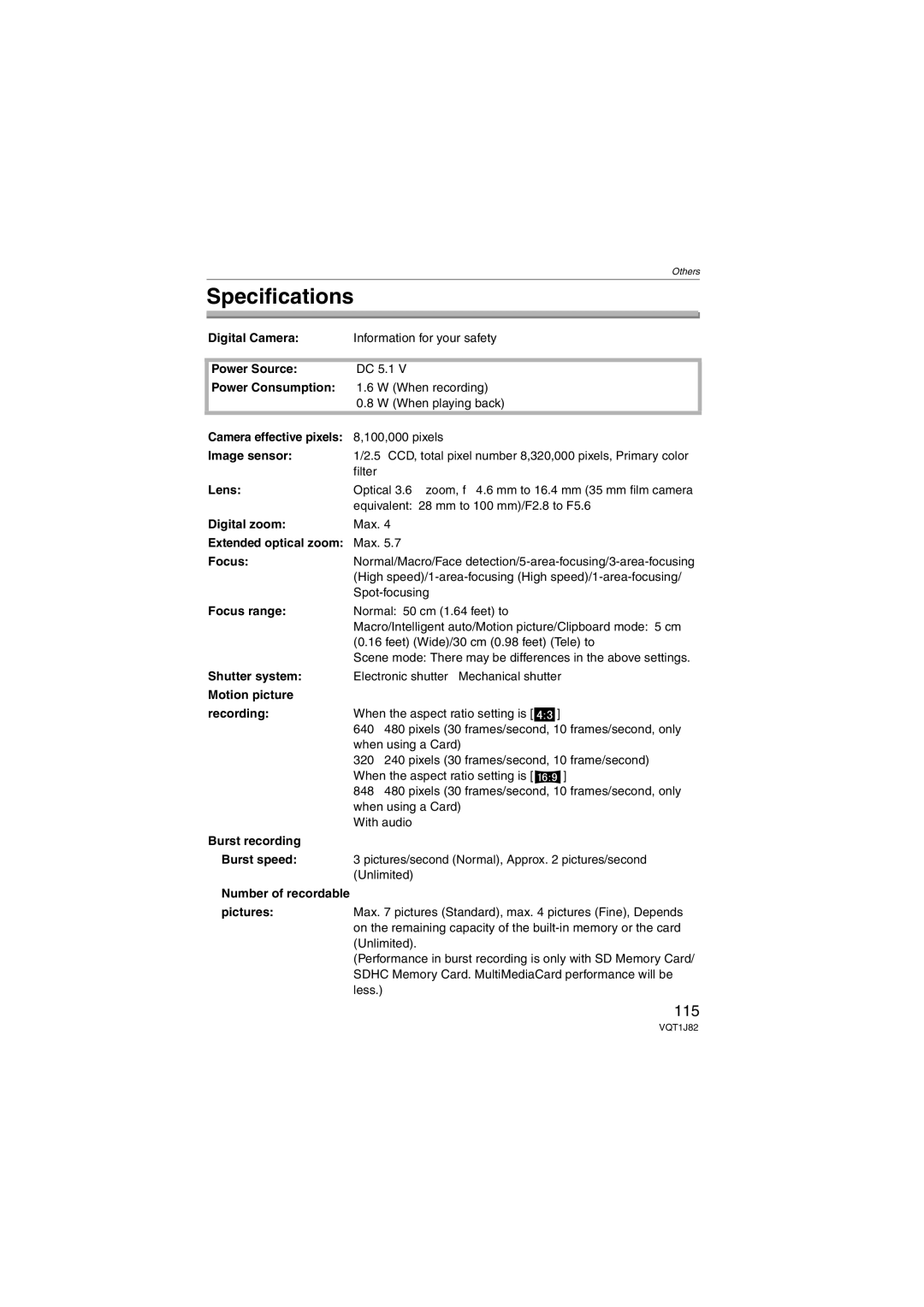 Panasonic VQT1J82, DMC-FX33 operating instructions Specifications, 115 