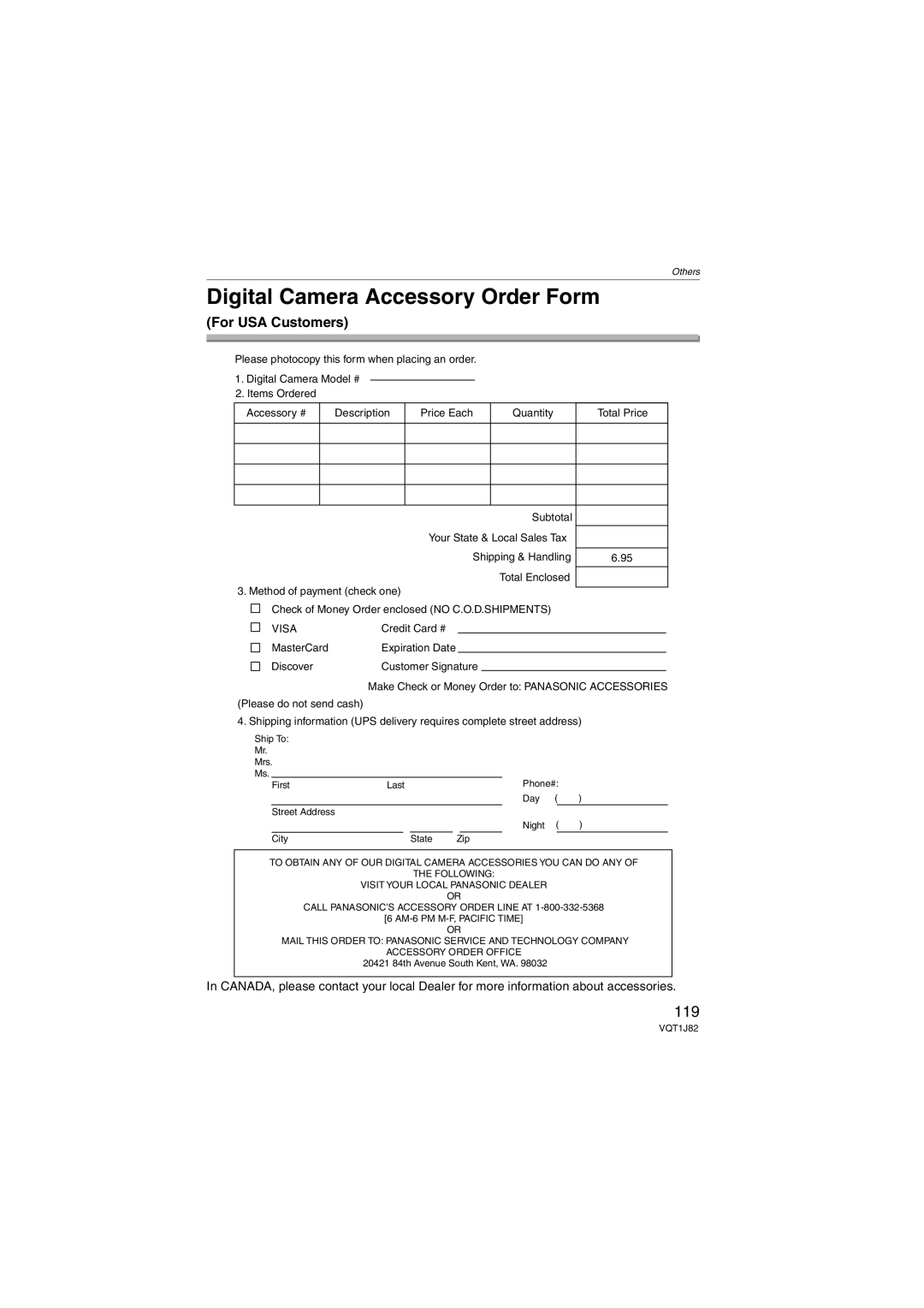 Panasonic VQT1J82, DMC-FX33 operating instructions Digital Camera Accessory Order Form, 119, For USA Customers 