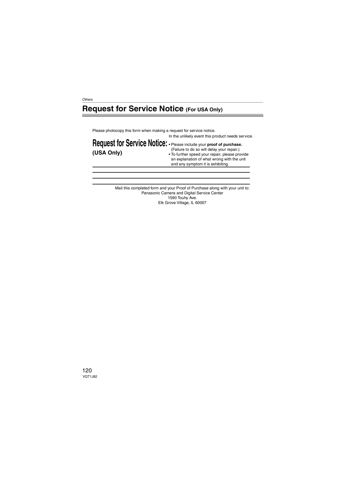 Panasonic DMC-FX33, VQT1J82 operating instructions Request for Service Notice For USA Only, 120 