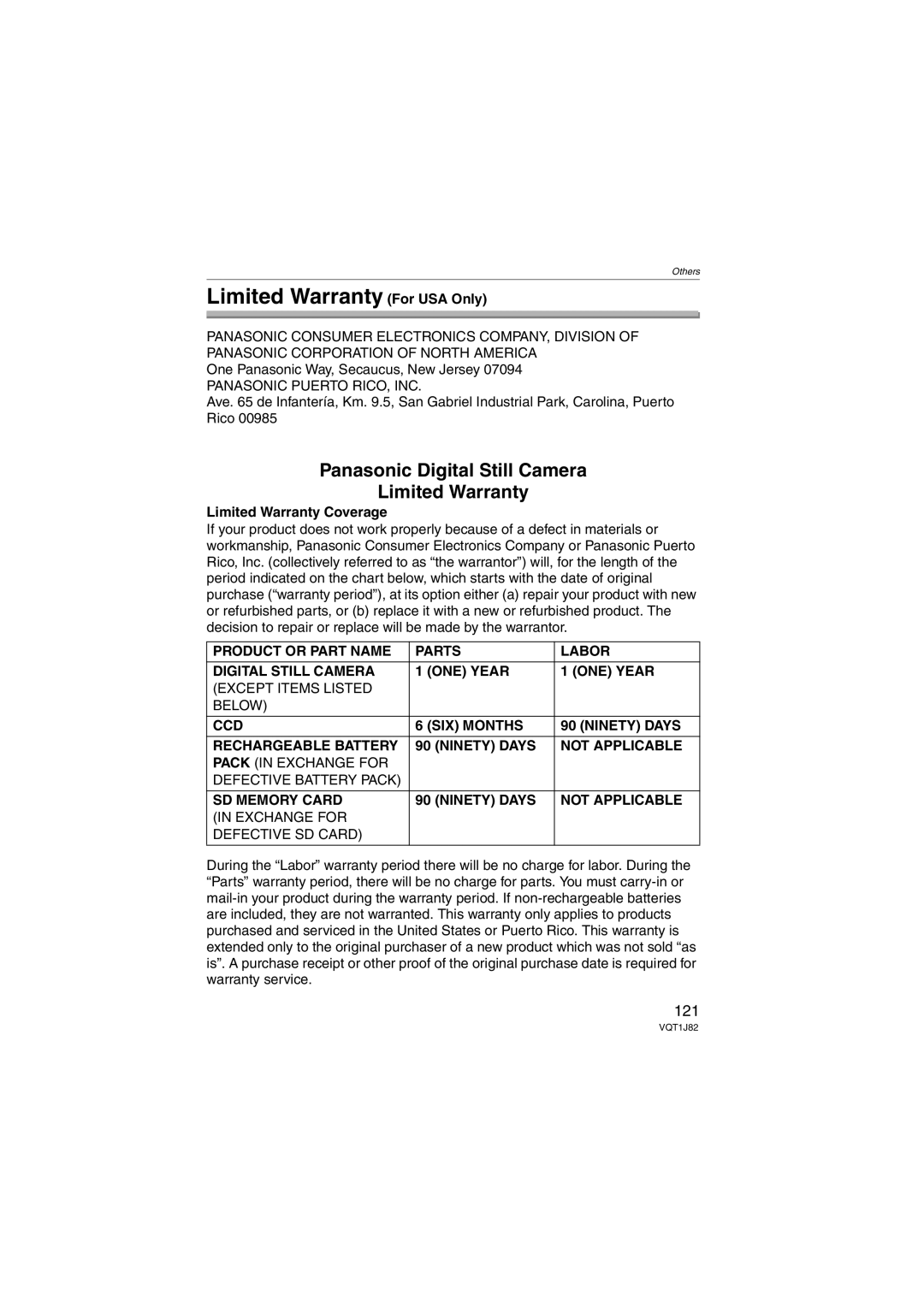 Panasonic VQT1J82, DMC-FX33 operating instructions Limited Warranty For USA Only, 121, Limited Warranty Coverage 