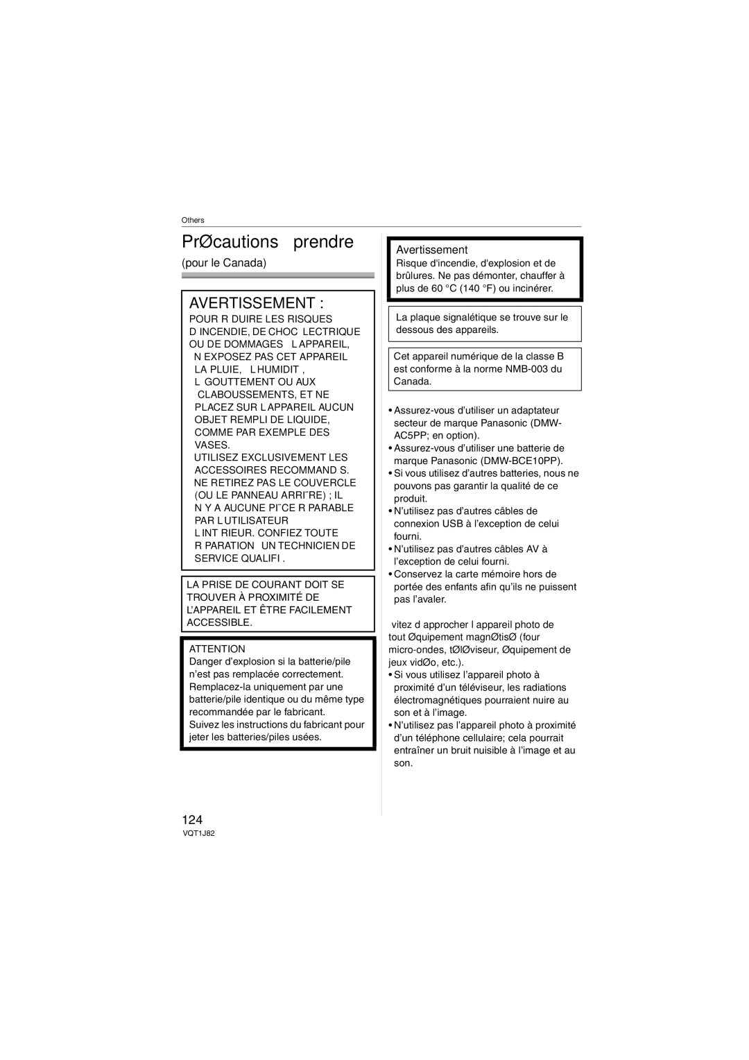 Panasonic DMC-FX33, VQT1J82 operating instructions Précautions à prendre, 124, Pour le Canada, Avertissement 