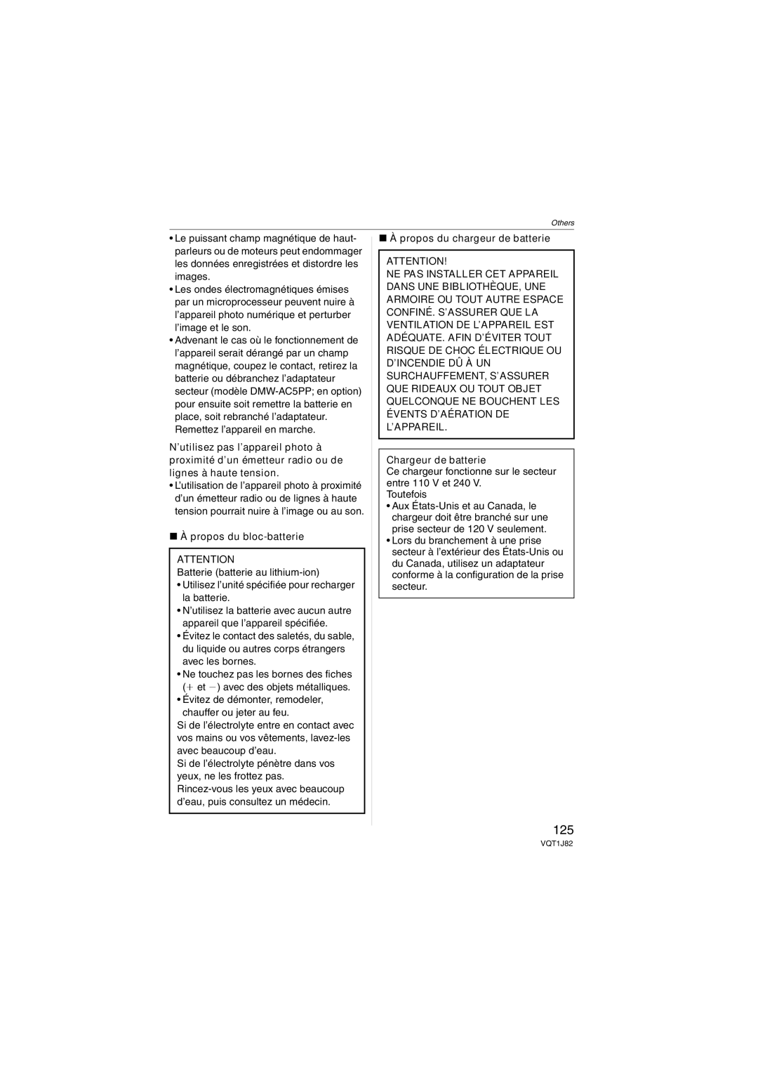 Panasonic VQT1J82, DMC-FX33 125, Propos du bloc-batterie, Propos du chargeur de batterie, Chargeur de batterie 