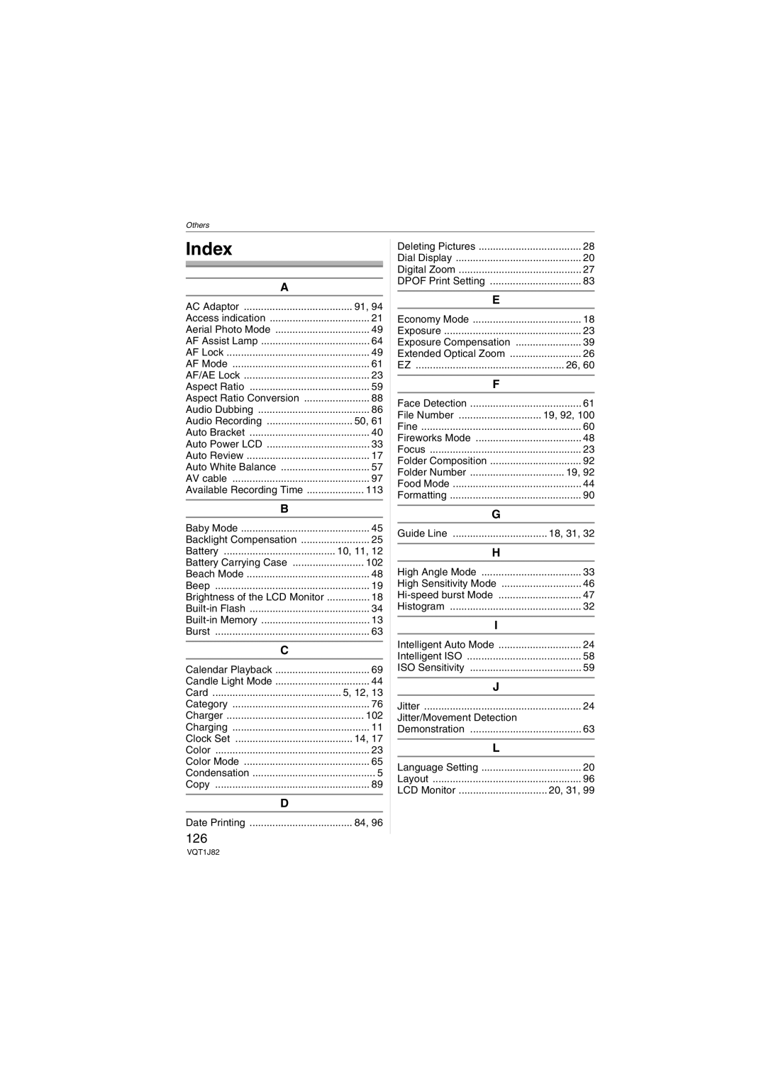 Panasonic DMC-FX33, VQT1J82 operating instructions Index, 126 