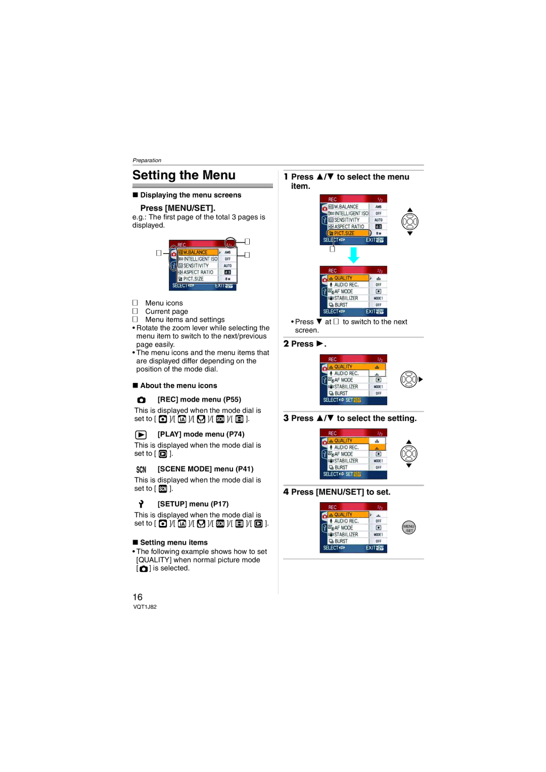 Panasonic DMC-FX33, VQT1J82 operating instructions Setting the Menu, Press MENU/SET, Press 3/4 to select the menu item 