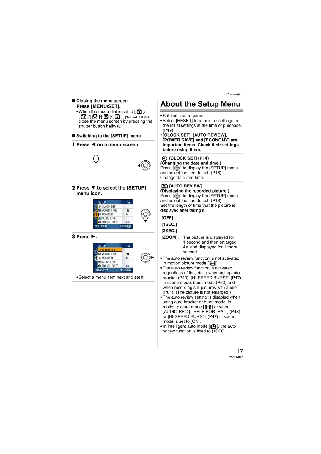 Panasonic VQT1J82, DMC-FX33 operating instructions About the Setup Menu, Auto Review, Off 