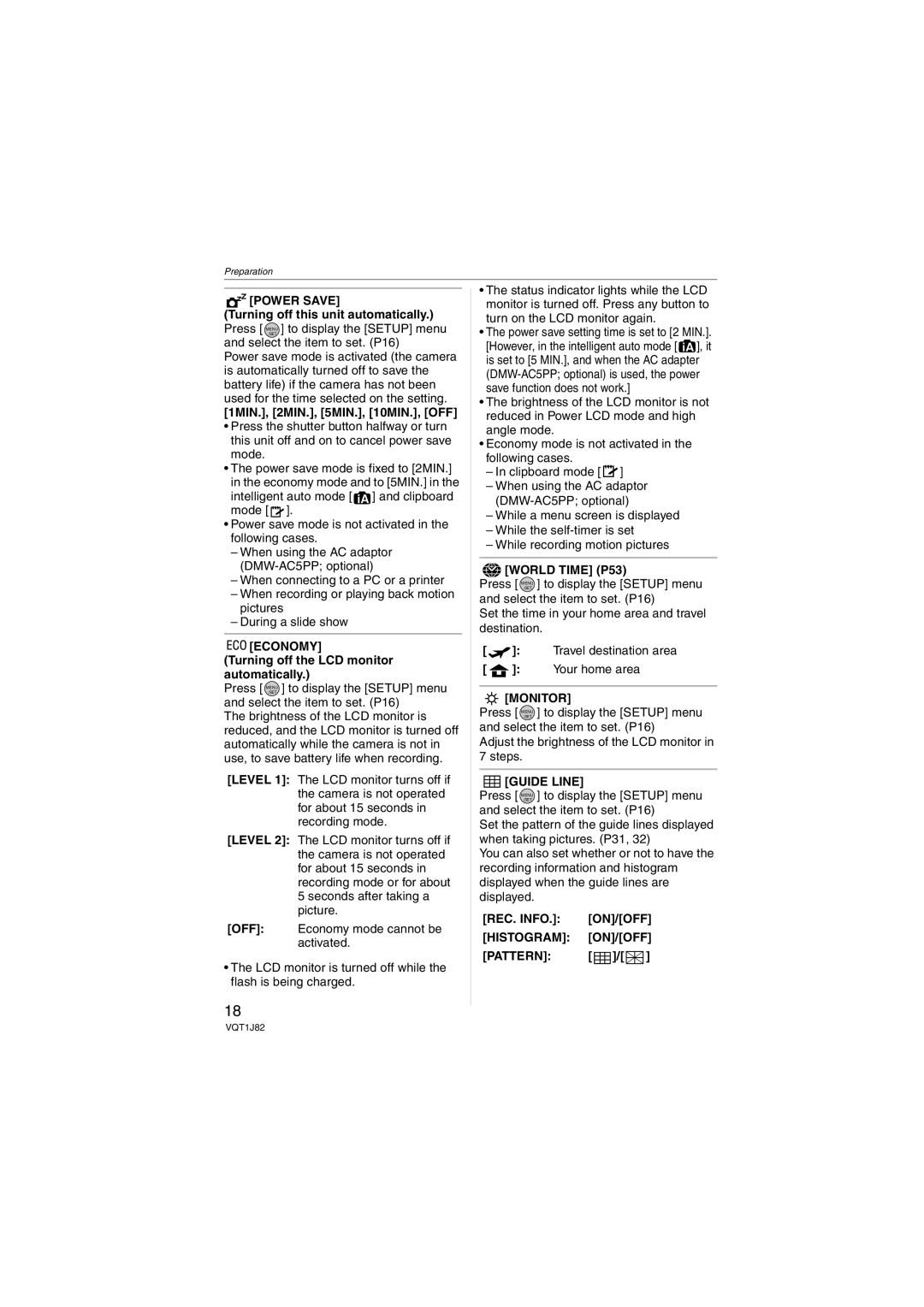 Panasonic DMC-FX33, VQT1J82 operating instructions Power Save, Economy, Monitor, Guide Line, Histogram ON/OFF 