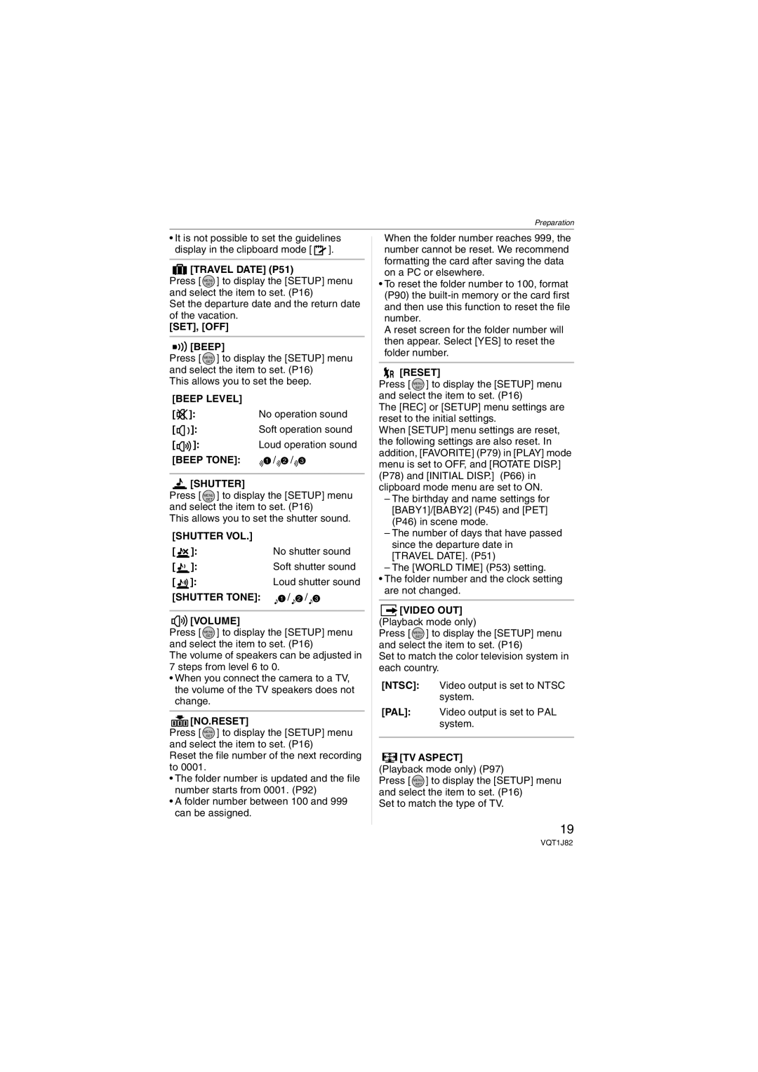 Panasonic VQT1J82, DMC-FX33 Travel Date P51, Beep Level, Beep Tone Shutter, Shutter VOL, Shutter Tone Volume, No.Reset 