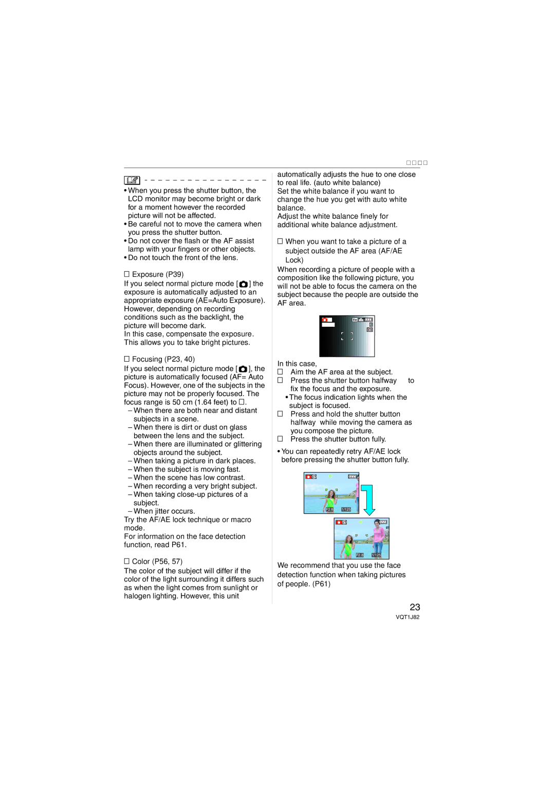 Panasonic VQT1J82, DMC-FX33 operating instructions Exposure P39, Focusing P23, Lock 