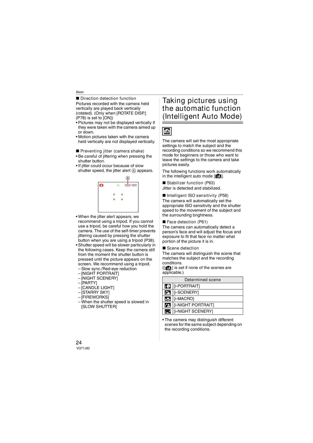 Panasonic DMC-FX33 Preventing jitter camera shake, When the shutter speed is slowed, Scene detection, Determined scene 