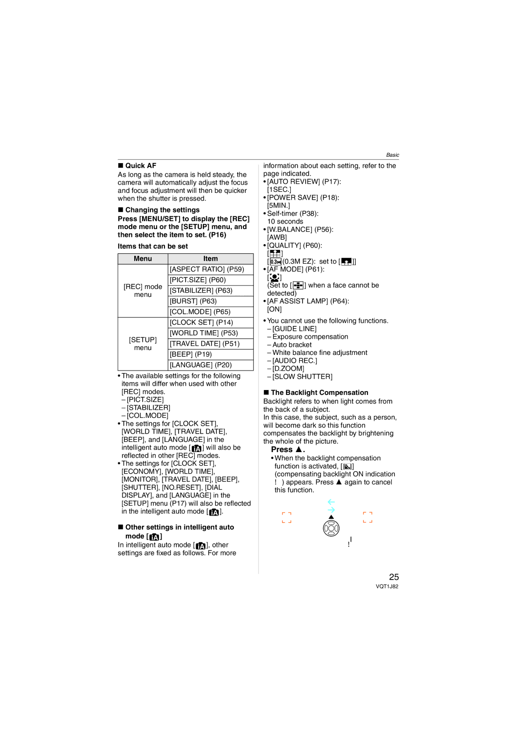 Panasonic VQT1J82, DMC-FX33 operating instructions Press, Quick AF, Changing the settings, Items that can be set Menu 