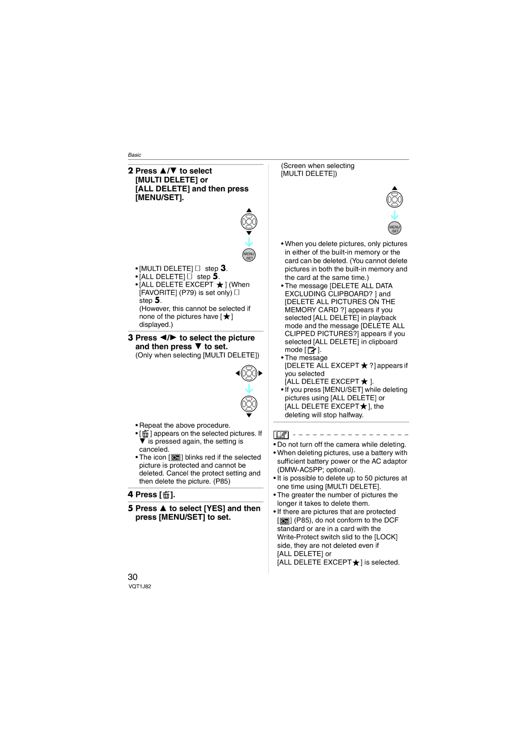 Panasonic DMC-FX33, VQT1J82 Press 2/1 to select the picture and then press 4 to set, ALL Delete Except 