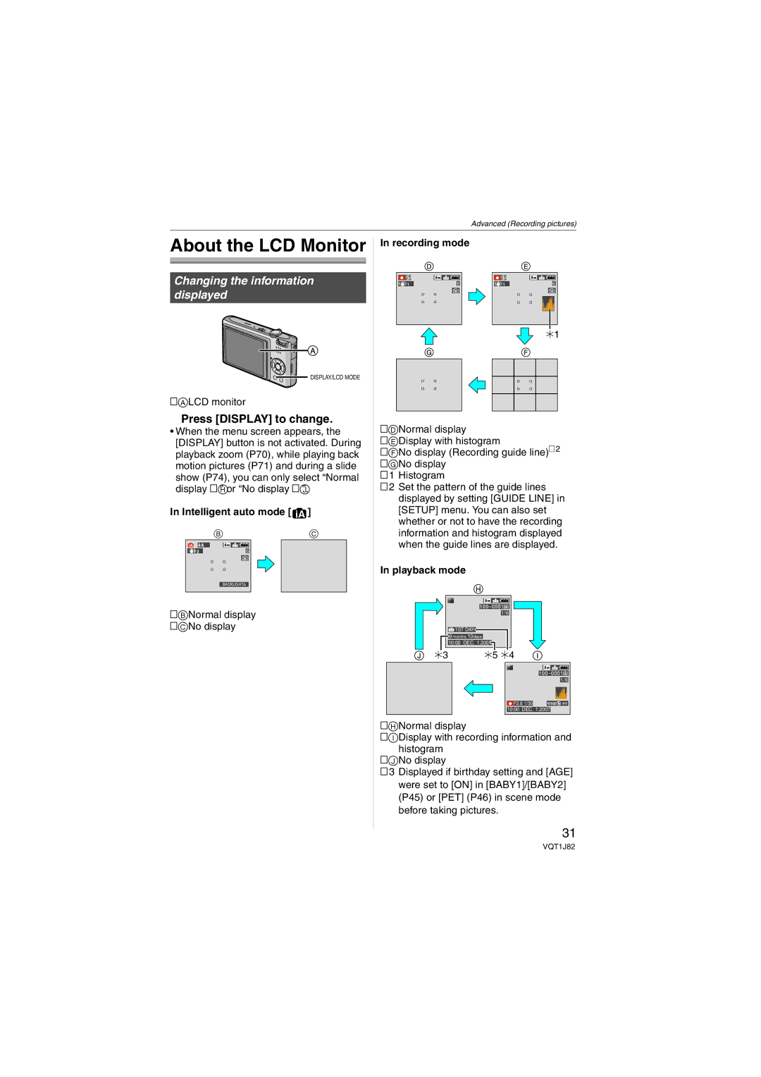 Panasonic VQT1J82 About the LCD Monitor, Press Display to change, Intelligent auto mode, Recording mode, Playback mode 