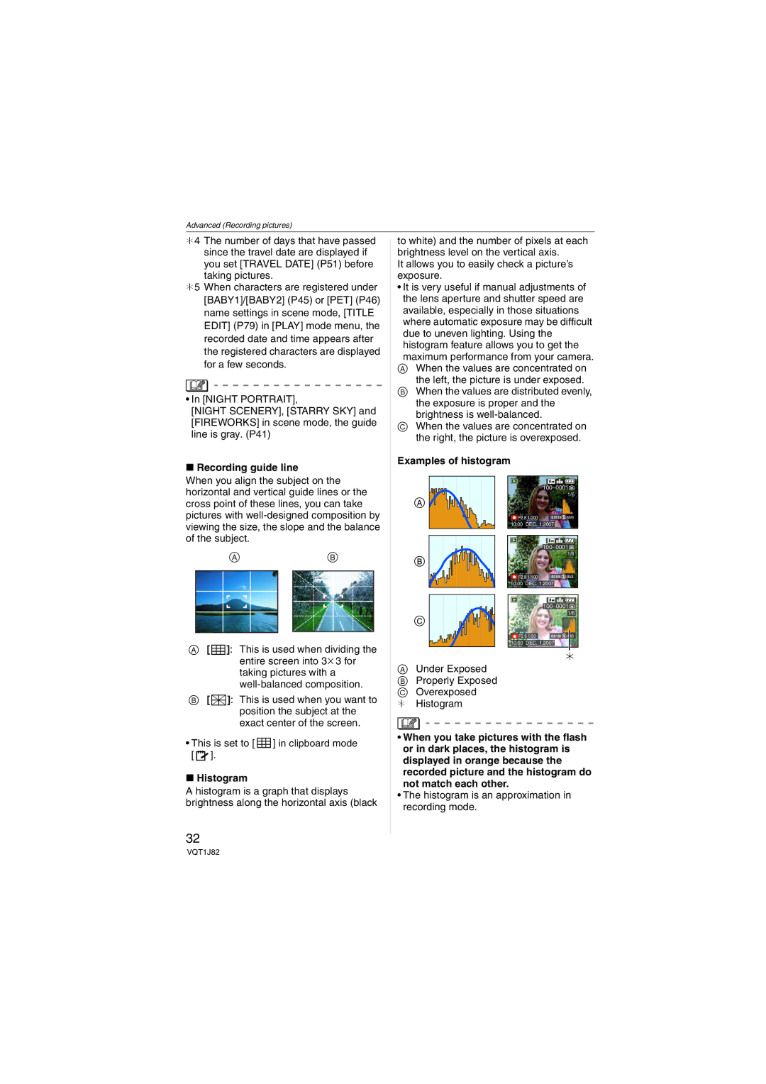 Panasonic DMC-FX33, VQT1J82 operating instructions Recording guide line, Histogram, Examples of histogram 