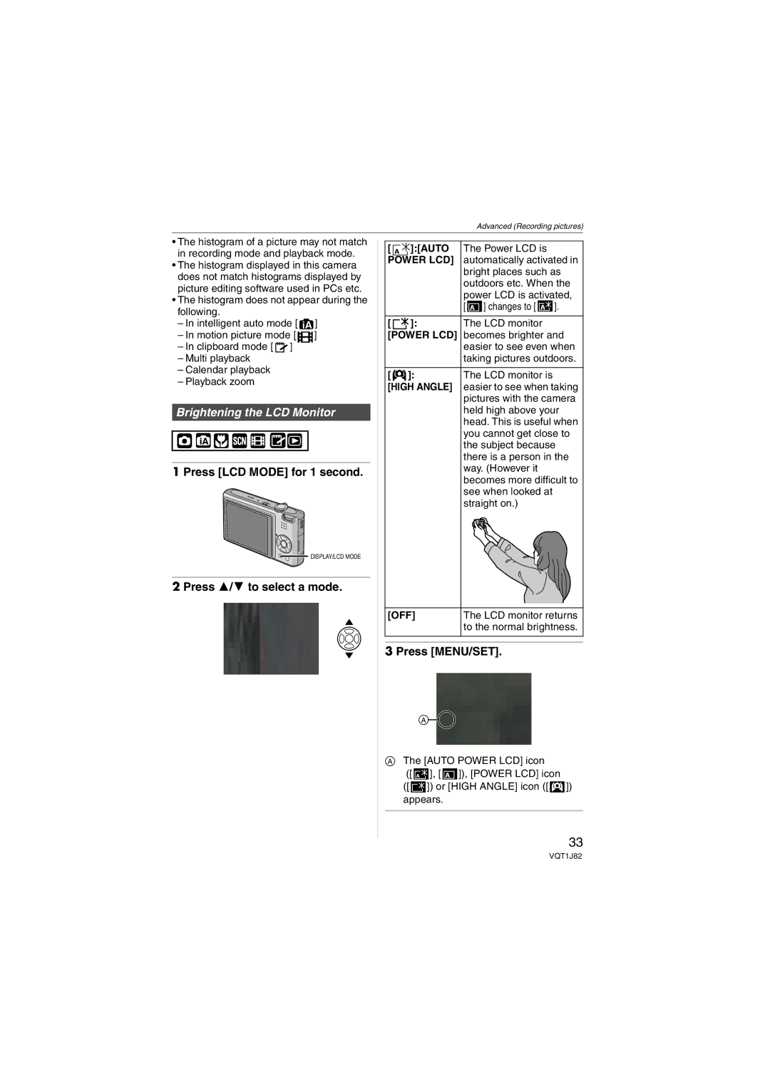 Panasonic VQT1J82, DMC-FX33 operating instructions Press LCD Mode for 1 second, Press 3/4 to select a mode 