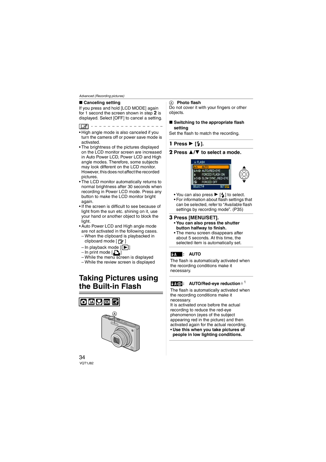 Panasonic DMC-FX33, VQT1J82 operating instructions Press Press 3/4 to select a mode 