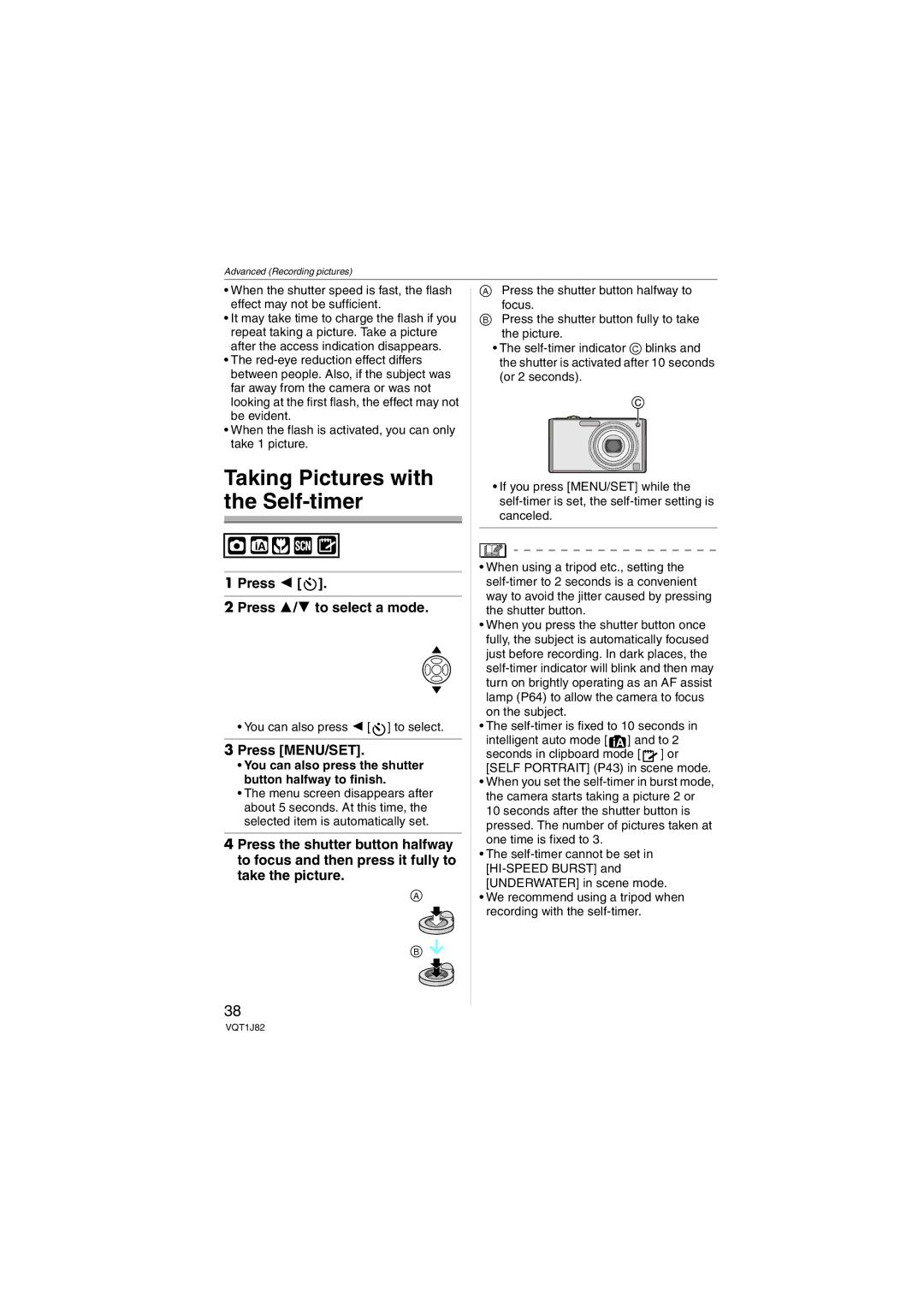 Panasonic DMC-FX33, VQT1J82 operating instructions Taking Pictures with the Self-timer, You can also press 2 to select 