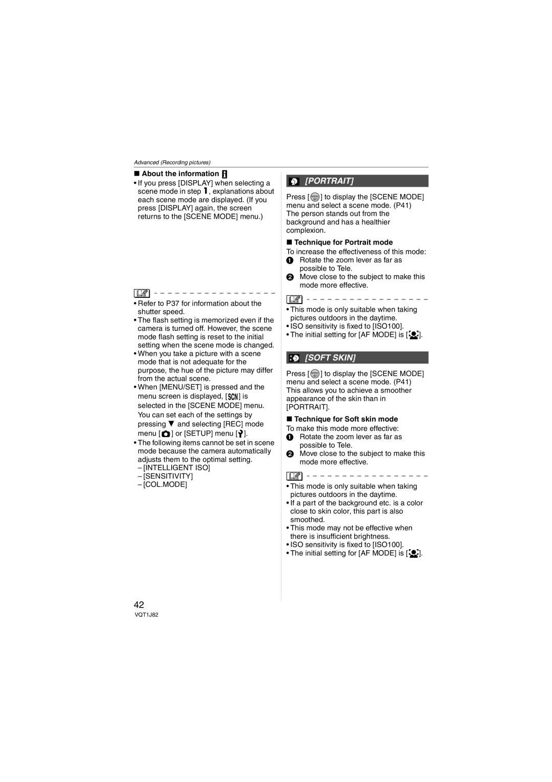 Panasonic DMC-FX33, VQT1J82 Portrait, Soft Skin, About the information, Intelligent ISO Sensitivity COL.MODE 