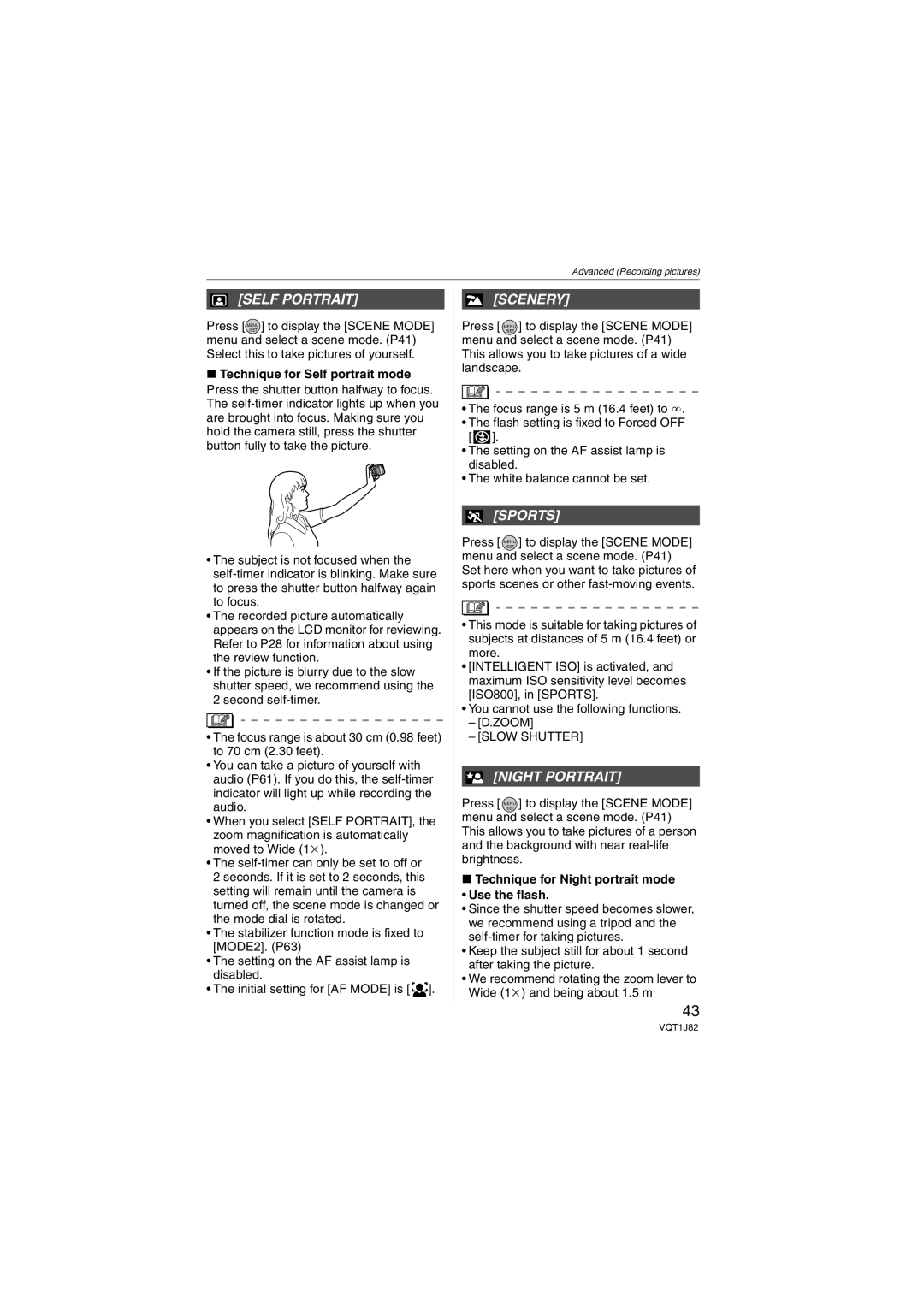 Panasonic VQT1J82 Self Portrait, Scenery, Sports, Night Portrait, Technique for Night portrait mode Use the flash 