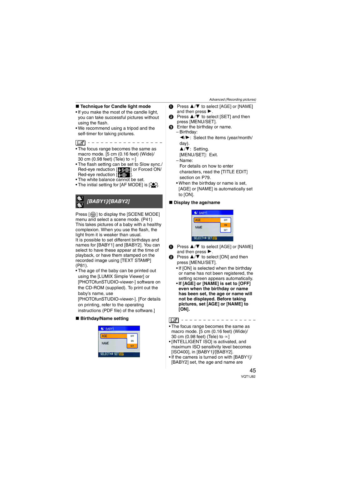 Panasonic VQT1J82, DMC-FX33 operating instructions BABY1/BABY2, Technique for Candle light mode, Birthday/Name setting 